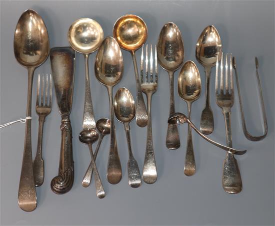 Sixteen assorted items of 18th and 19th century flatware, various dates and makers including a basting spoon.